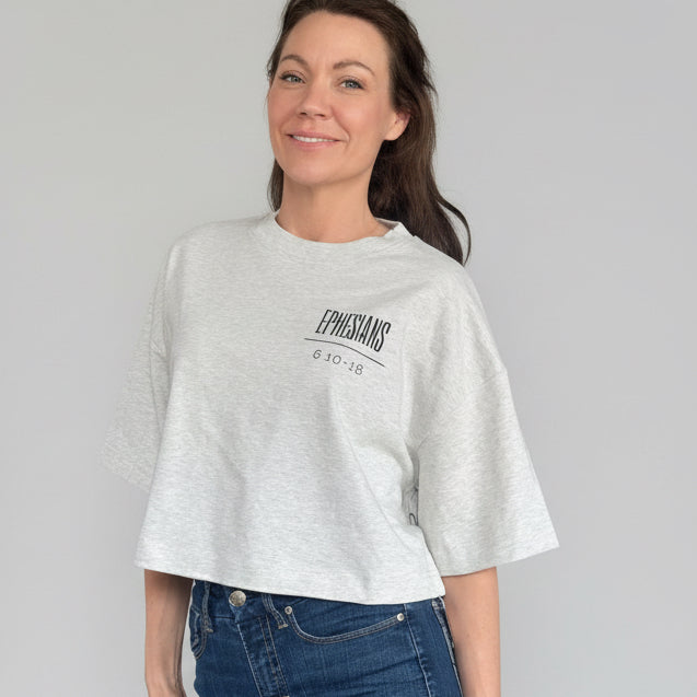 Extra large, gray boxy T-shirt, the full armor of God