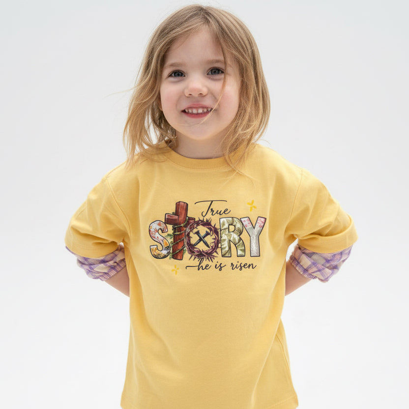 Youth size medium, yellow, true story he is risen