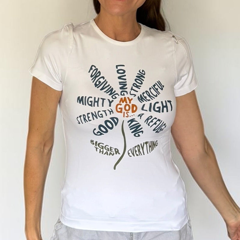 My God Is Bigger Than Everything Floral Faith Tee – White Stretch Cotton Top (Small)
