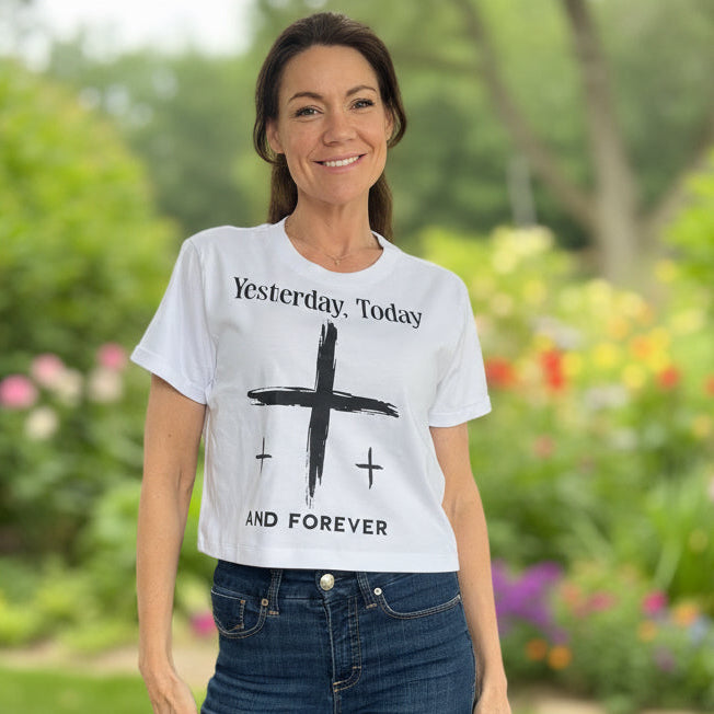 Junior size, large white boxy T-shirt yesterday today and forever