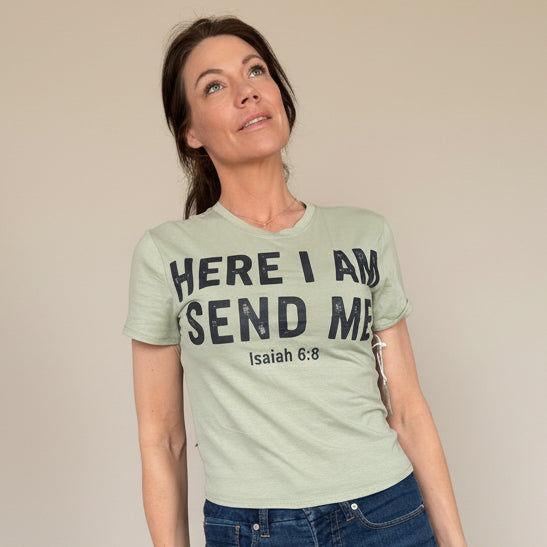 Junior size medium heather green here I am send me T-shirt. ￼