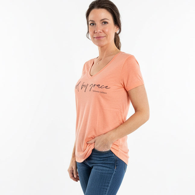 Women’s size large V-neck saved by grace Sunset Orange