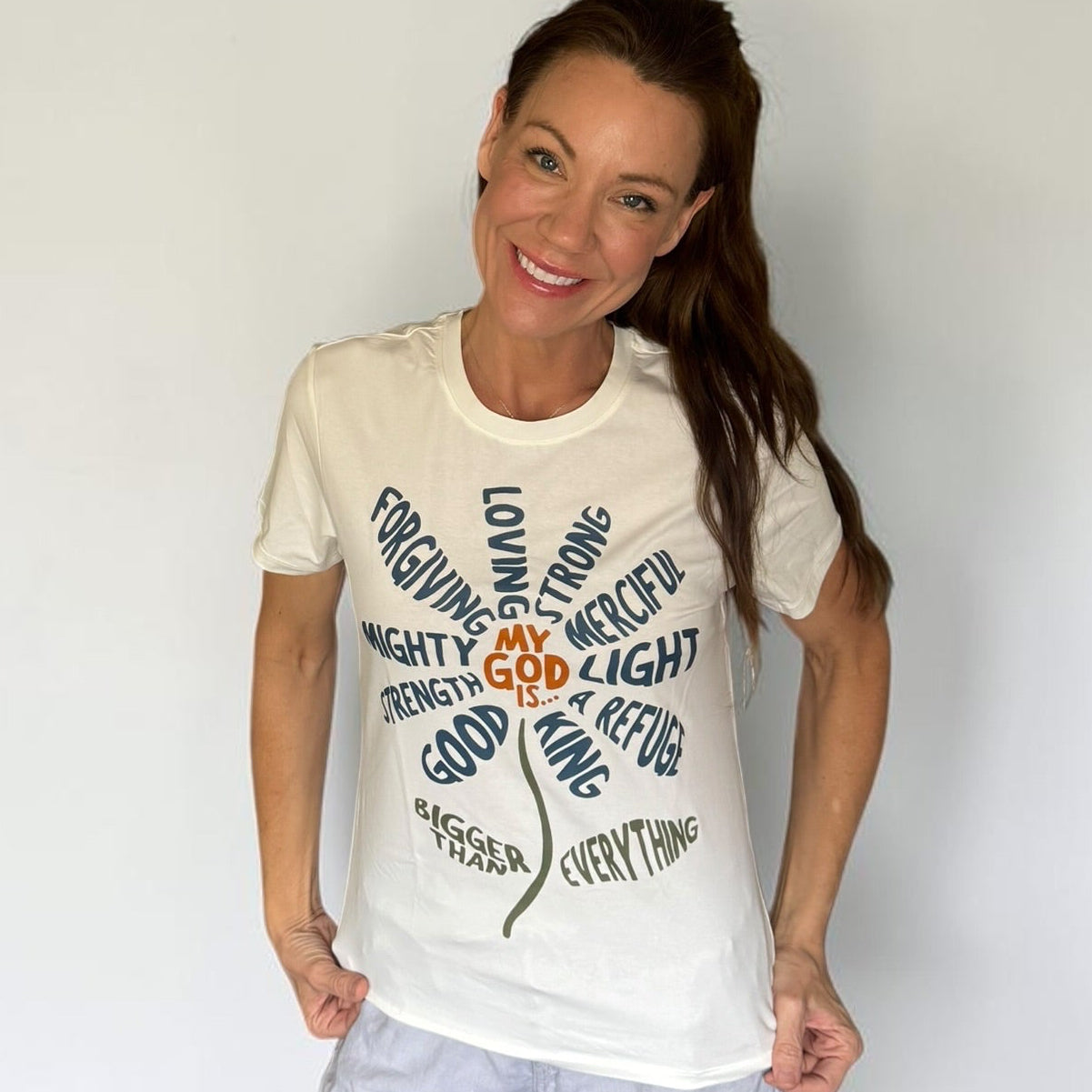 My God Is Bigger Than Everything Floral Faith Tee – White Stretch Cotton Top (Medium)