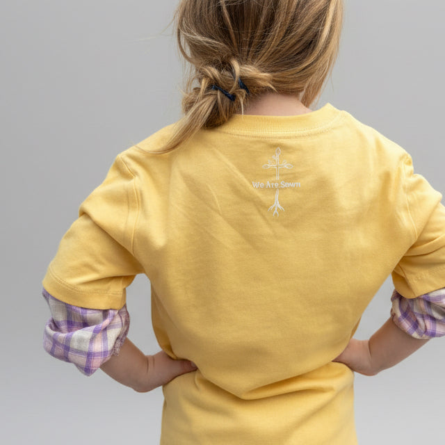 Youth size medium, yellow, true story he is risen