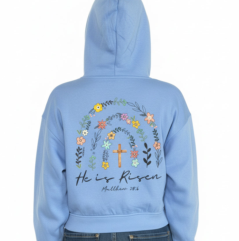 Size medium zip up hoodie light indigo he is risen
