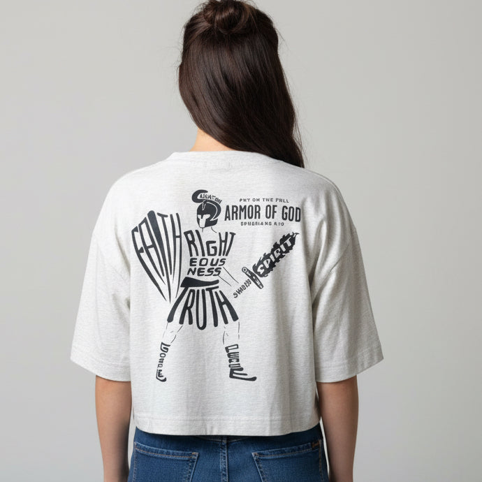 Extra large, gray boxy T-shirt, the full armor of God