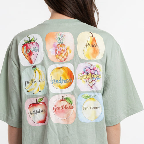 Size large sage green boxy T-shirt, fruit of the spirit