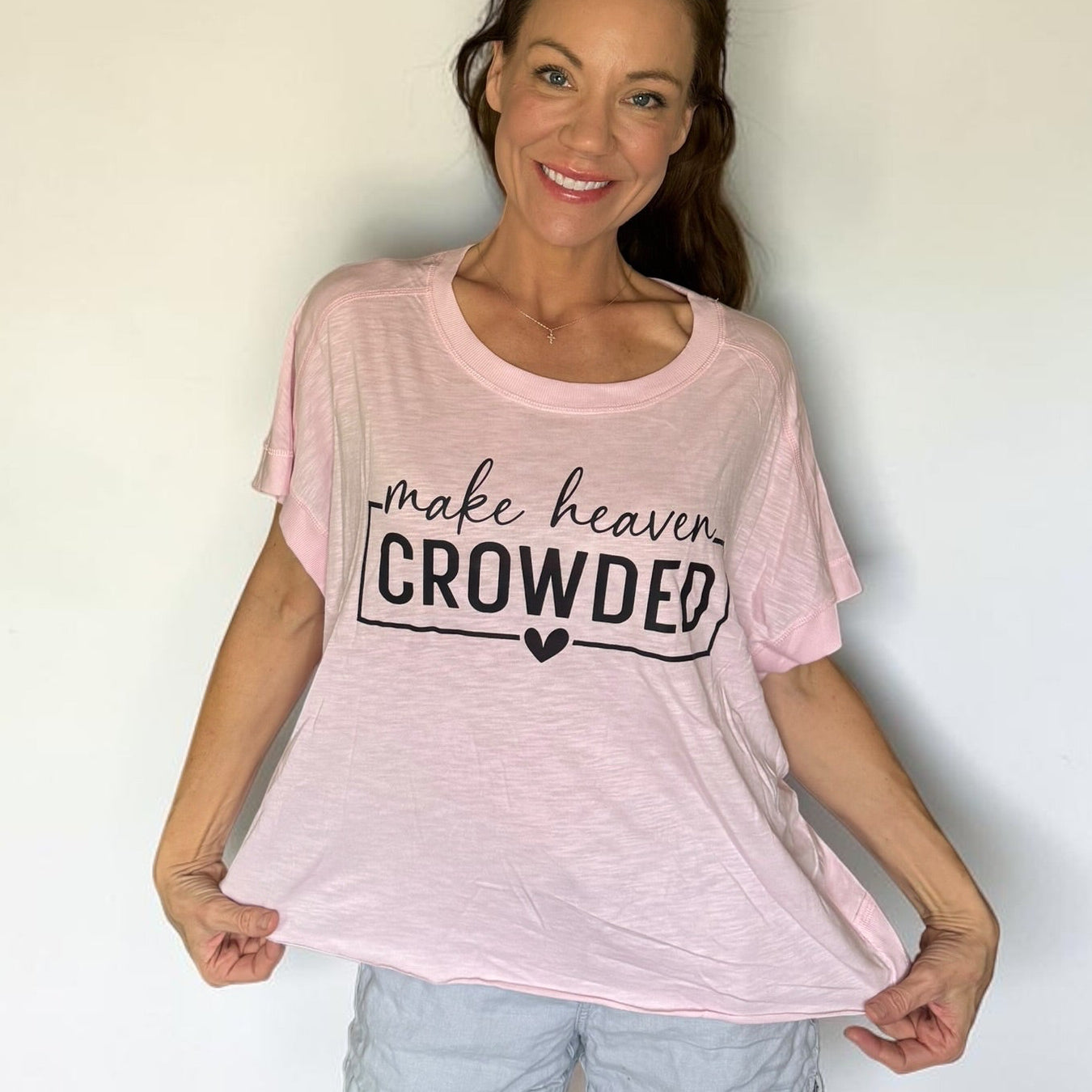 Make Heaven Crowded Baby Pink Bat Sleeve Tee – Faith Inspired Cotton Top (XL)