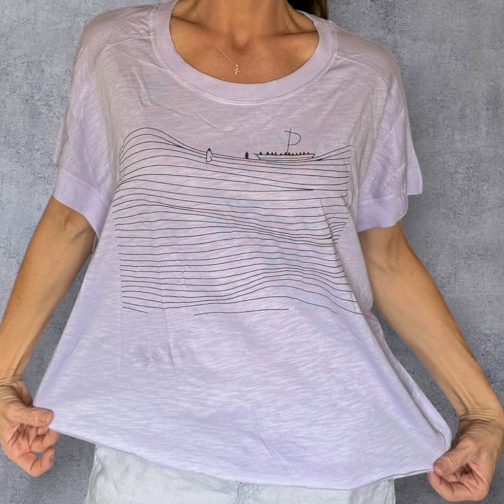 Faith Over Fear Bat Sleeve Tee – Walking on Water Lavender Cotton Top (Large)