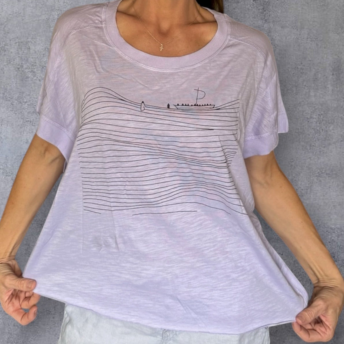 Faith Over Fear Bat Sleeve Tee – Walking on Water Lavender Cotton Top (Large)