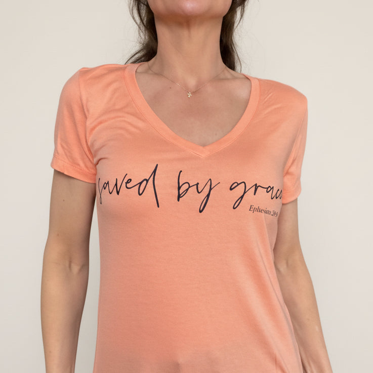 Women’s size large V-neck saved by grace Sunset Orange
