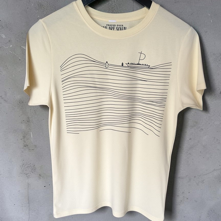 Step Out in Faith Line Art Tee – Light Yellow Jesus Walking on Water Shirt (Medium)