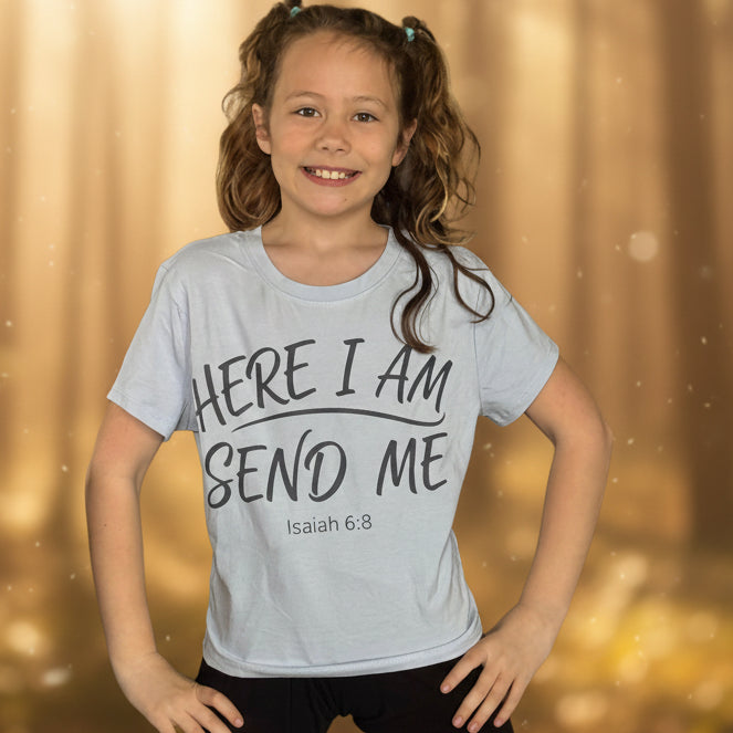 Baby blue small junior T-shirt, here I am send me.