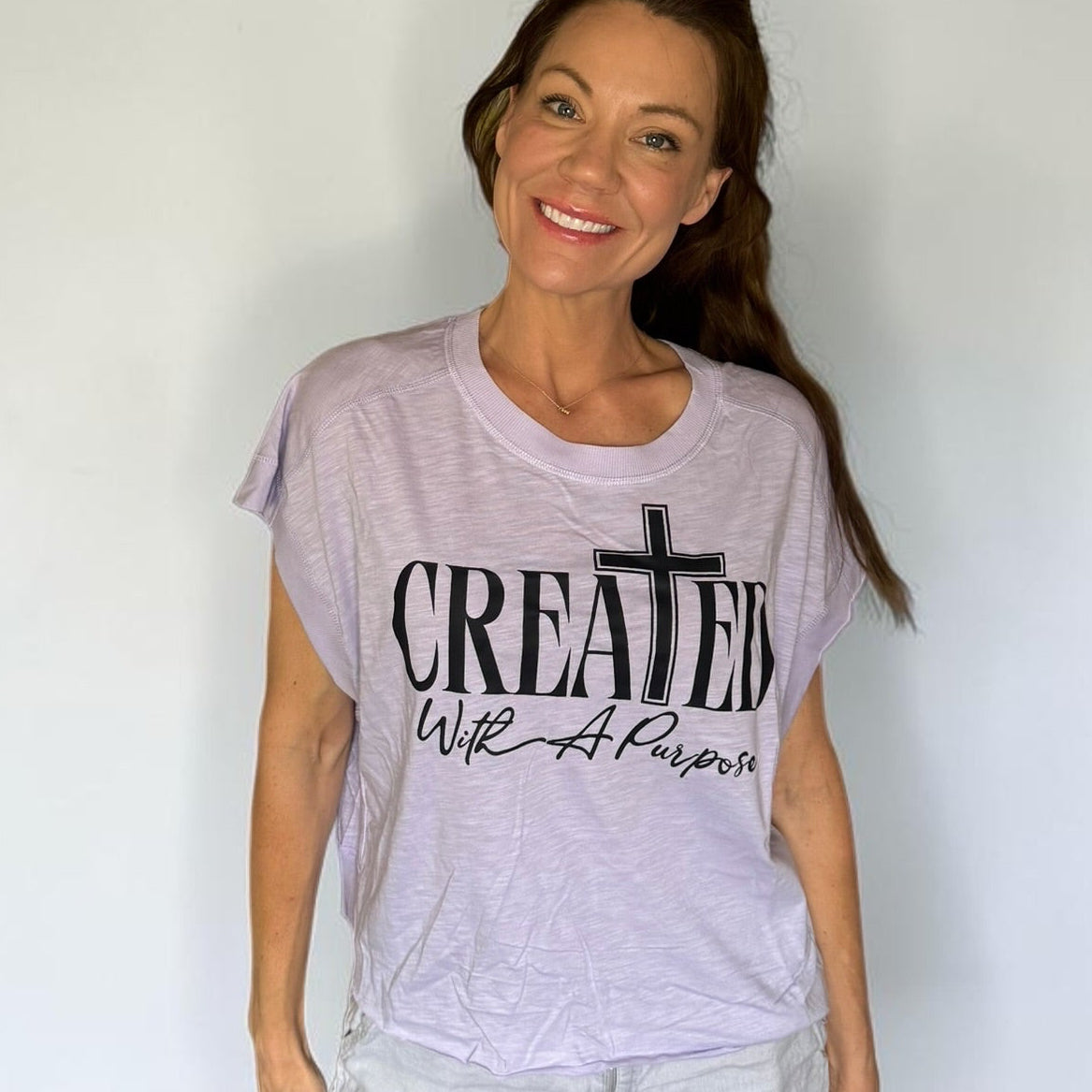 Created With a Purpose Lavender Bat Sleeve Tee – Faith Inspired Cotton Top (Small)
