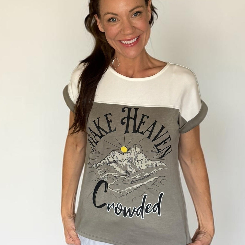 Make Heaven Crowded Mountain Tee – Moss Green & Cream Oversized Faith Top (Small)