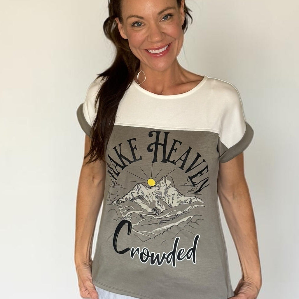 Make Heaven Crowded Mountain Tee – Moss Green & Cream Oversized Faith Top (Small)