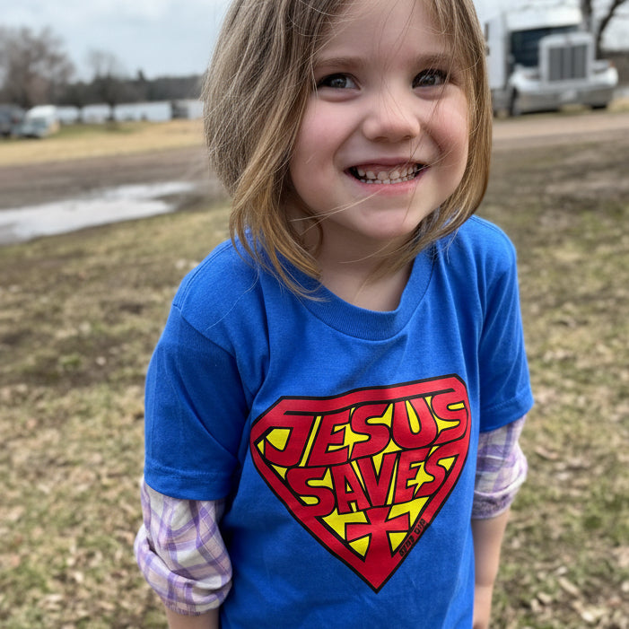 Youth size small blue T-shirt Jesus saves