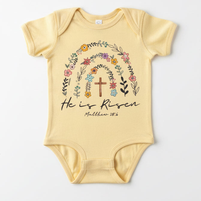 Yellow 18 month old onesie, he is risen