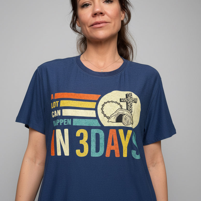 Size large heather navy blue a lot can happen in three days women’s T-shirt