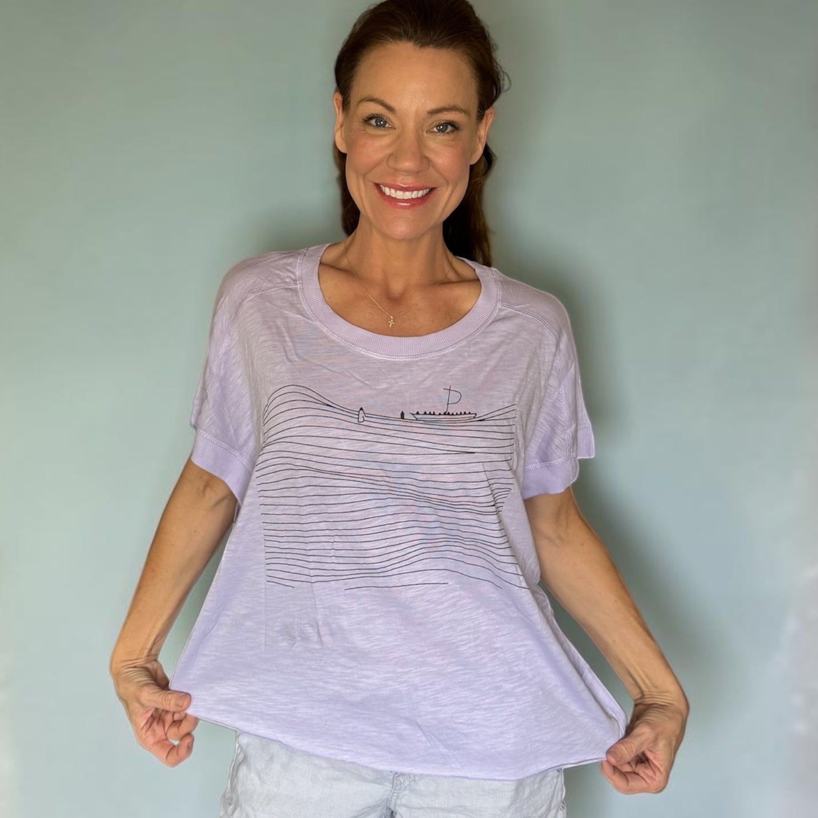 Faith Over Fear Bat Sleeve Tee – Walking on Water Lavender Cotton Top (Large)