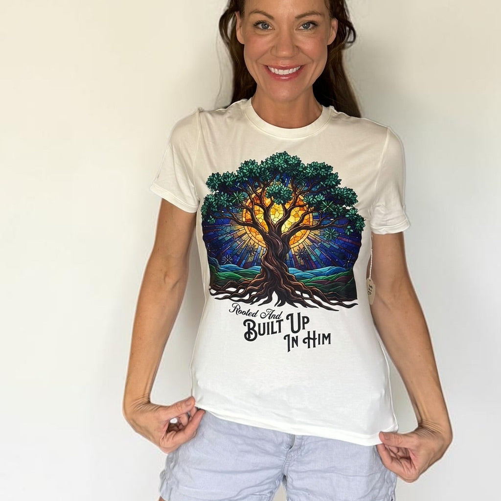 Rooted & Built Up in Him Stained Glass Tee – White Faith Inspired Top (Medium)