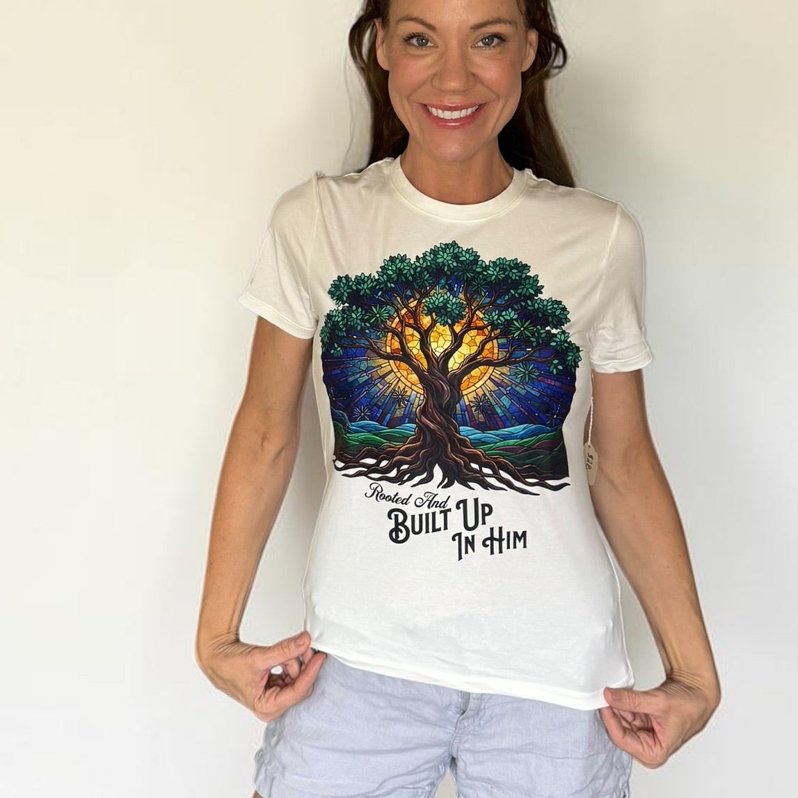 Rooted & Built Up in Him Stained Glass Tee – White Faith Inspired Top (Medium)
