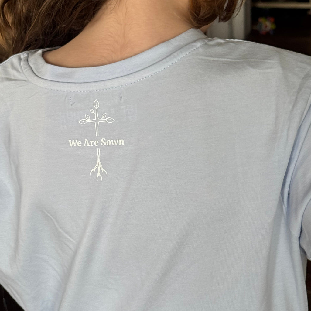 Baby blue small junior T-shirt, here I am send me.
