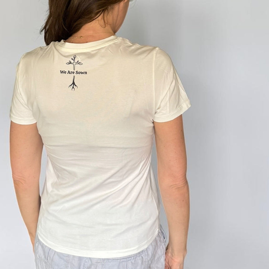 Rooted & Built Up in Him Stained Glass Tee – White Faith Inspired Top (Medium)