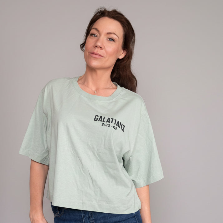 Size large sage green boxy T-shirt, fruit of the spirit