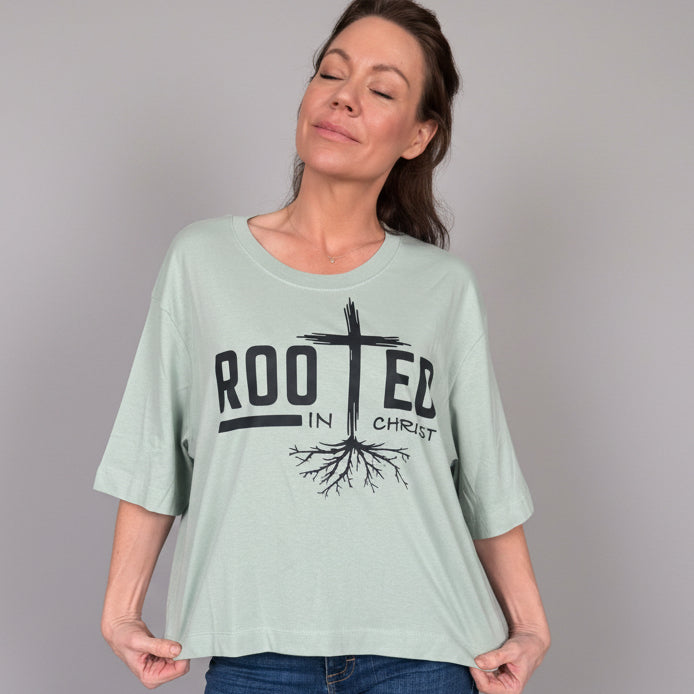 Junior size extra large, sage green- rooted in Christ boxy T-shirt