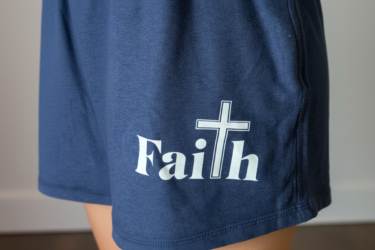 One of a kind, large, navy blue faith shorts