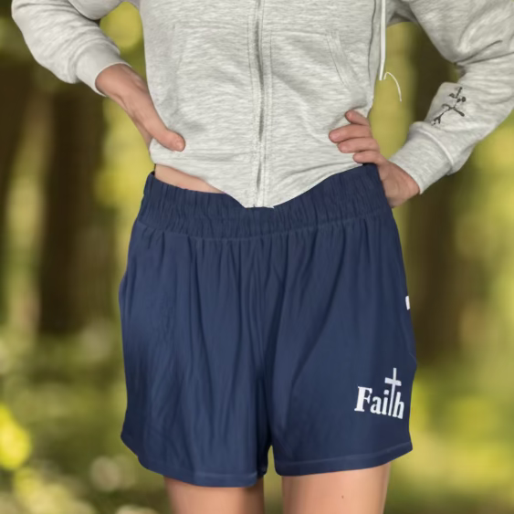 One of a kind, large, navy blue faith shorts
