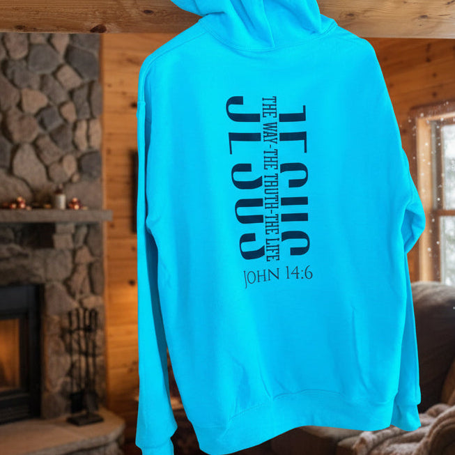 Jesus: The Way, The Truth, The Life – Scuba Blue Hoodie (Size Large)