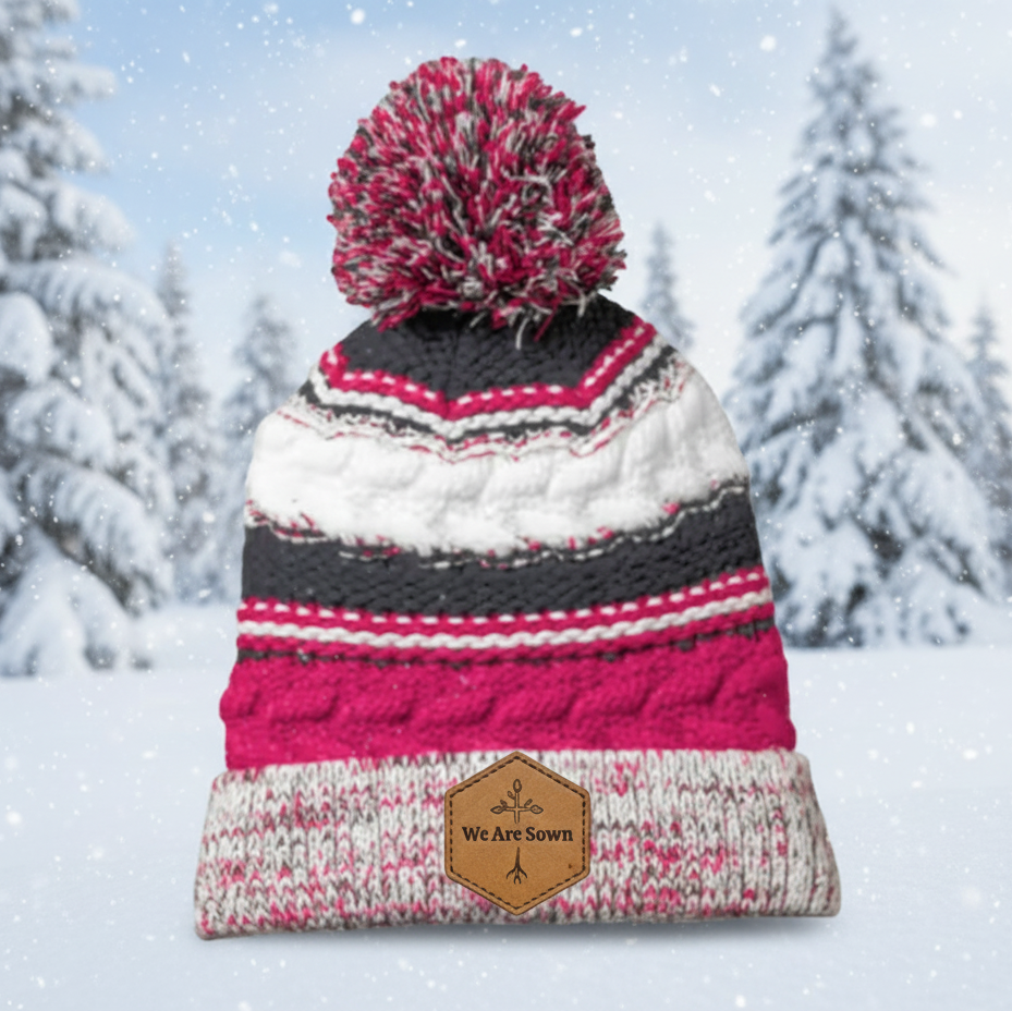 We Are Sown – Leather Patch Pom-Pom Beanie