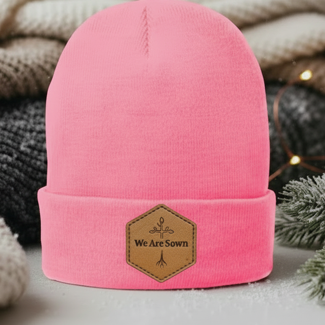 Fleece-Lined Knit Beanie – “We Are Sown” Leather Patch