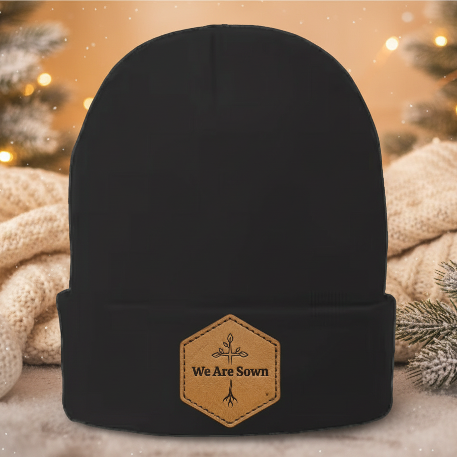 Fleece-Lined Knit Beanie – “We Are Sown” Leather Patch