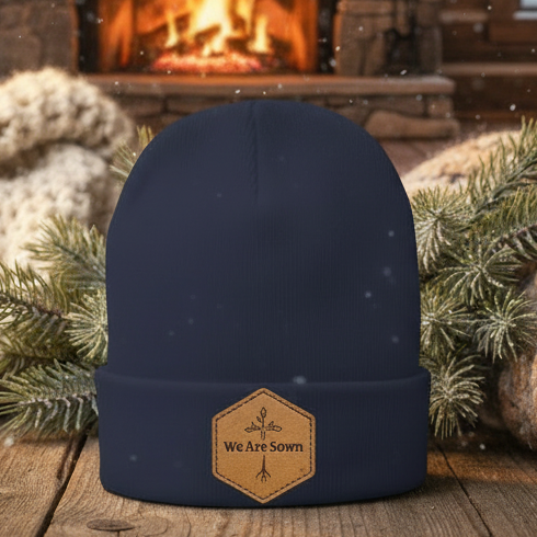 Fleece-Lined Knit Beanie – “We Are Sown” Leather Patch