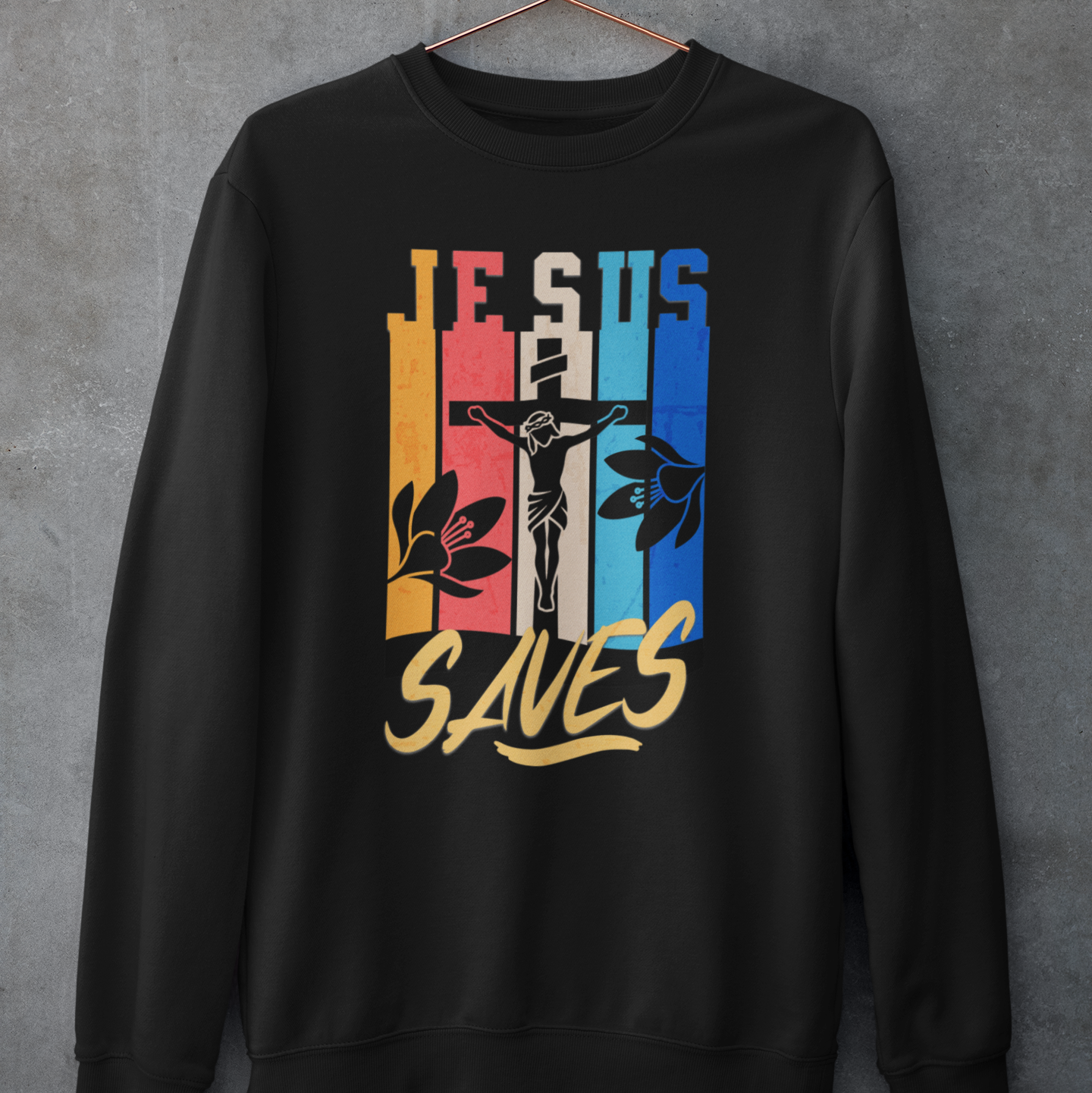 Jesus Saves | Colorful Silhouette Cross Graphic Crewneck Sweatshirt