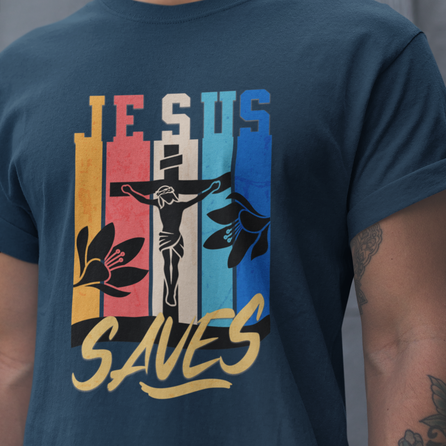 Jesus Saves | Colorful Silhouette Cross Graphic T-Shirt