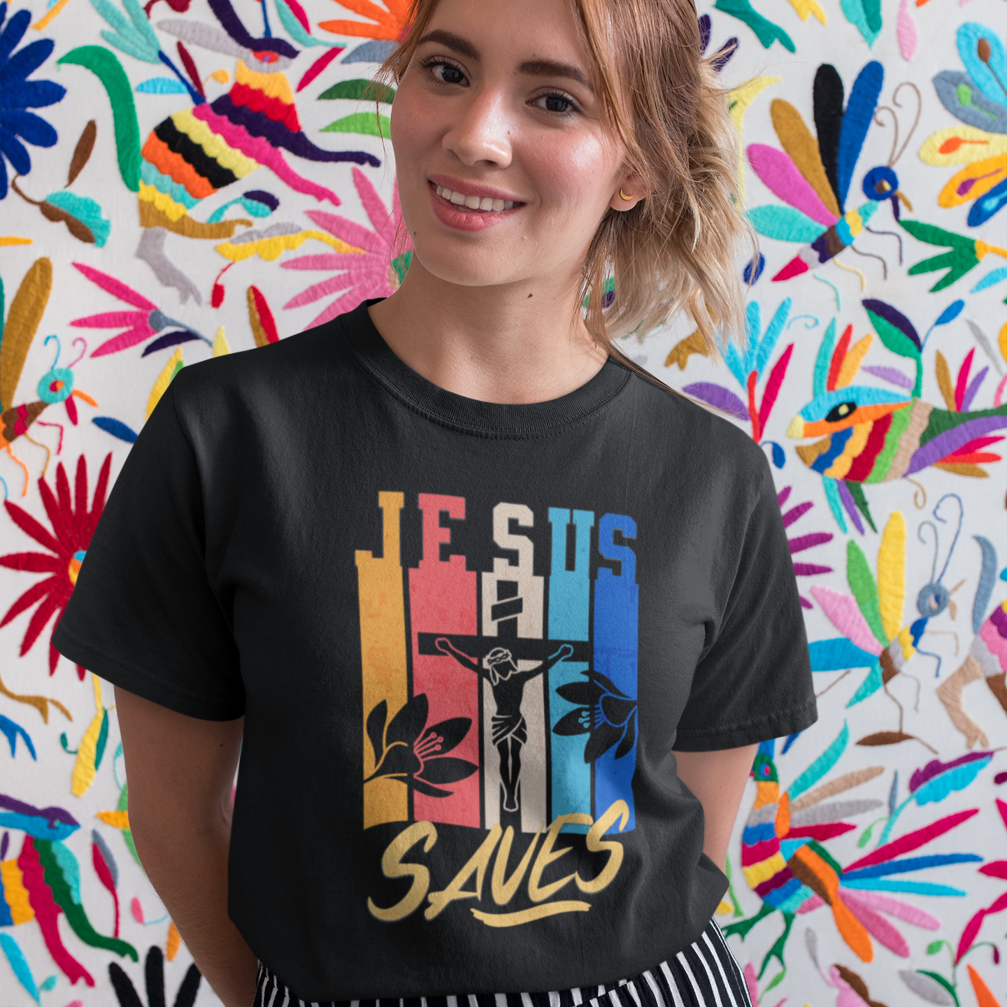 Jesus Saves | Colorful Silhouette Cross Graphic T-Shirt